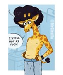 5:6 absurd_res afro anthro bathroom clock detailed_background dialogue english_text fingers floppy_ears giraffe giraffid giraffo_(mrgiraffo) hand_on_belly hi_res hooved_fingers hooves horn looking_down male mammal markings mrgiraffo nipples ossicone piercing profanity solo spots spotted_body tail tail_tuft text towel towel_only tuft watch wristwatch