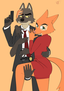 badge canon_couple clothing cosplay crossover_cosplay dress duo duo_focus female group gun hand_behind_head hand_on_hip hand_on_leg handgun hands_behind_back hug hugging_another hugging_from_behind male pistol ranged_weapon suit suit_jacket weapon toonarscontent dreamworks the_bad_guys the_naked_gun diane_foxington mr._wolf_(the_bad_guys) canid canine canis fox mammal wolf absurd_res crossover hi_res tagme