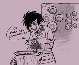 belt_buckle black_clothing black_gloves black_hair black_handwear buckle cigarette clothing collar duo ear_piercing ear_ring female fingerless_gloves fishnet_sleeves gloves hair handwear holding_cigarette holding_cigarette_box holding_object machine multi_eye piercing profanity purple_background ring_piercing sharp_teeth simple_background speech_bubble spiked_collar spikes teeth text trash_can vending_machine ickystickypink look_outside audrey_(look_outside) xaria_(look_outside) animate_inanimate flesh_creature human mammal 2025 clip_studio_paint_(artwork) digital_drawing_(artwork) digital_media_(artwork) english_description english_text greyscale monochrome