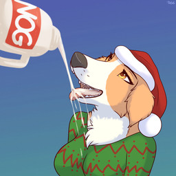anthro beverage breasts christmas_clothing christmas_headwear clothed clothing container drinking eggnog eggnog_carton female fur hat headgear headwear holidays open_mouth santa_hat simple_background smile sweater text tongue tongue_out topwear ruth66 christmas sokoyra_the_borzoi borzoi canid canine canis domestic_dog hunting_dog mammal sighthound 1:1 2025 digital_media_(artwork) hi_res