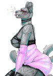 anthro black_body black_fur breasts choker clothing fangs female fur jewelry kneeling legwear lingerie necklace pink_clothing pink_lingerie solo stockings tail teeth tongue tongue_out spoilla cougar felid feline mammal hi_res marker_(artwork) traditional_media_(artwork)