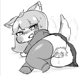 bedroom_eyes big_butt blush blush_stickers bodily_fluids bottomwear butt cheek_spots chibi clothed clothing creative_censorship dripping female genital_fluids happy inner_ear_fluff jacket leaf leaf_on_head legwear looking_at_viewer looking_back looking_back_at_viewer lying medium_hair narrowed_eyes no_underwear on_side one_fang open_mouth open_smile pleated_skirt presenting presenting_hindquarters rear_view seductive simple_background skirt smile solo sweat tail tail_motion tailwag thick_thighs thigh_highs topwear tuft upskirt vaginal_fluid_drip vaginal_fluids white_background wide_hips bitumi trickcal rufo_(trickcal) animal_humanoid canid canid_humanoid canine canine_humanoid fox_humanoid humanoid mammal mammal_humanoid 2026 censored digital_media_(artwork) greyscale monochrome sketch