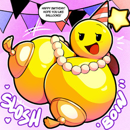 beaded_jewelry beaded_necklace beads big_breasts breasts clothing dialogue exclamation_point female happy_birthday hat headgear headwear huge_breasts hyper hyper_breasts jewelry necklace not_furry onomatopoeia open_mouth party_hat pasties solo sound_effects speech_bubble text yellow_body angstrom mario_and_luigi_(series) mario_bros nintendo starlow star_sprite waddling_head 1:1 2025 digital_media_(artwork) english_text hi_res