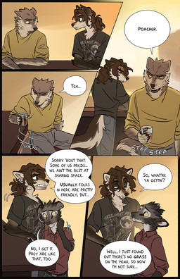anthro beverage biped black_nose brown_body brown_eyes brown_fur canine_teeth chair cheek_tuft container cup dialogue eye_contact facial_tuft fluffy fluffy_tail fur furniture getting_up glass glass_container glass_cup grey_body grey_fur group head_tuft looking_at_another male pointy_ears prick_ears snout speech_bubble table tail tan_body tan_fur text trio tuft tusks walking_away yellow_sclera falco_works indy_(justroadkill) pen_(falco_works) canid canine canis cervine coyote deer mammal tufted_deer wolf 2025 comic digital_media_(artwork) english_text hi_res