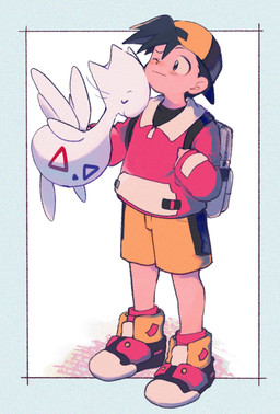 ambiguous_gender backpack black_hair blue_border border bottomwear clothing duo eyes_closed footwear hair hat headgear headwear male nuzzling one_eye_closed shirt shoes shorts simple_background smile standing topwear white_background white_body wings ok_ko19 nintendo pokemon ethan_(pokemon) generation_2_pokemon human mammal pokemon_(species) togetic 2019 hi_res