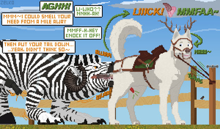 animal_genitalia animal_vulva antlers bodily_fluids bound bridle canine_genitalia canine_vulva claws cunnilingus dialogue dripping duo emoticon explicitly_stated_nonconsent feral feral_on_feral forced genital_fluids genitals half-erect herm herm/male hooves horn in_heat intersex intersex/male leaking_precum male onomatopoeia oral penis penis_tip precum precum_drip raised_tail rape saddle sex sound_effects speech_bubble steamy_breath striped_body stripes tail text tied_to_pole tied_to_post vaginal vaginal_fluids vulva wide_eyed conditional_dnp zelkothezeeb ky-li zelko canid canine canis domestic_dog equid equine felkin hybrid mammal nordic_sled_dog samoyed spitz zebra digital_media_(artwork) english_text hi_res pixel_(artwork)