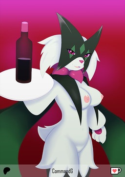 anthro anthrofied areola bottle breasts container female fur green_body green_fur looking_at_viewer medium_breasts nipples nude pink_areola pink_nipples solo tail text commandg nintendo pokemon generation_9_pokemon meowscarada pokemon_(species)