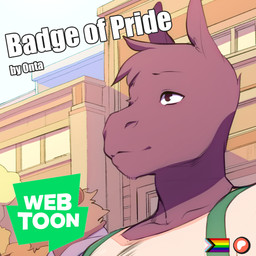anthro brown_body brown_eyes brown_fur building clothed clothing detailed_background duo fur green_clothing green_overalls head_tuft lgbt_pride male outside overalls patreon_logo pride_color_flag pride_colors progress_pride_colors shirt tan_body tan_fur text topwear tuft white_text doxy patreon webtoon jesse_(onta) mu_(onta) equid equine felid horse lion mammal pantherine 1:1 2025 comic cover cover_art cover_page english_text