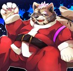 anthro black_nose bottomwear clothing costume humanoid_hands kemono male overweight overweight_male pants santa_costume solo boar_stag144 lifewonders live_a_hero viscunam mammal procyonid raccoon 2023 hi_res