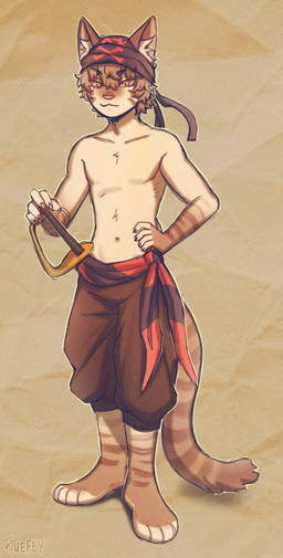 anthro bandanna_on_head barefoot biped bottomwear breeches brown_hair claws clothed clothing featureless_chest feet finger_claws fur furgonomic_headwear furgonomics hair headgear headwear kerchief looking_at_viewer male male_anthro markings melee_weapon navel orange_eyes pirate pirate_outfit plant simple_background solo standing striped_markings striped_tail stripes sword tail tail_markings topless topless_anthro topless_male weapon fiuefey jeremy_maslin domestic_cat felid feline felis mammal absurd_res hi_res