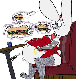 4_fingers anthro armwear belly big_belly big_ears big_gulp_(7-eleven) biped black_nose blush blush_lines booth bow_tie breasts clothed clothed_anthro clothed_female clothing cotton_tail elbow_gloves eyelashes feet female female_anthro fingers fishnet_clothing fishnet_legwear fishnet_thigh_highs food force_feeding forced front_view fur furniture gloves grey_clothing grey_gloves grey_handwear handwear ketchup legwear medium_breasts messy messy_eater mustard onomatopoeia pink_bow_tie purple_eyes rabbit_ears rumbling_stomach side_view simple_background sitting solo sound_effects strapless_clothing stuffing table tail teeth telekinesis text thigh_highs toes torn_clothing weight_gain white_background white_body white_ears white_fur white_tail thatoneaceguy lagomorph leporid mammal rabbit 2019 digital_drawing_(artwork) digital_media_(artwork) full-length_portrait portrait