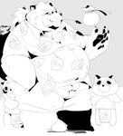 anthro apron belly big_belly bottomwear clothing group humanoid_hands kemono leaf male overweight overweight_male shirt shorts topwear sigenoya takotyutyu lifewonders tokyo_afterschool_summoners gyobu_(tas) canid canine mammal raccoon_dog tanuki 2021 hi_res monochrome sketch