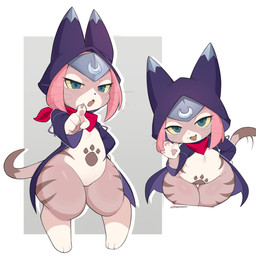 anthro bent_over bottomless breasts cape cape_only claws clothed clothing dipstick_tail featureless_breasts female finger_claws front_view fur gesture hair hand_gesture leaning leaning_forward looking_at_viewer looking_up looking_up_at_viewer markings mostly_nude multicolored_body multicolored_fur open_mouth pawpads pink_hair pointing pointing_at_viewer shortstack shortstack_female small_breasts smile smiling_at_viewer solo striped_body striped_fur stripes tail tail_markings tan_body tan_fur thick_thighs white_body white_fur wide_hips liteee capcom monster_hunter monster_hunter_stories_2:_wings_of_ruin tsukino_(monster_hunter_stories) felid felyne lynian mammal palico 1:1 2026 hi_res
