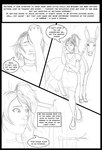 ambiguous_gender arania asinus belt carla_(tcitw) clothed clothed_feral clothing comic dialogue donkey dress duo english_text equid equine eveleen_(tcitw) female feral fur hair hi_res hooves human mammal markings mole_(marking) monochrome tail tail_tuft text the_cabin_in_the_woods_(arania) tuft