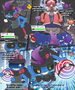 5_panel_comic baseball_cap black_sclera blue_body blue_scales blush blush_lines bottom_heavy bottomwear clothing curved_horn dialogue erection fangs femboy genitals grey_body grey_scales hair hat headgear headwear heterochromia horn male markings open_mouth open_smile pants penis pokeball scales scarf smile smirk smug smug_face smug_grin speech_bubble spots spotted_body spotted_markings spotted_scales sweatpants teeth text thick_thighs white_hair wide_eyed wide_hips yellow_sclera mrt0ony nintendo pokemon enko_(mrt0ony) generation_5_pokemon kobold pokemon_(species) scalie scrafty absurd_res comic english_text hi_res