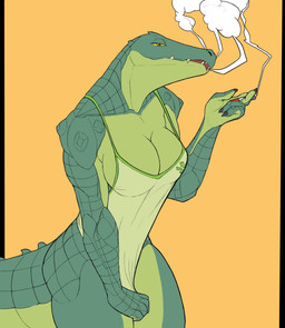 5_fingers anthro big_breasts bottomless breasts cigarette cleavage clothed clothing clothing_pull female fingers green_body green_scales looking_at_viewer narrowed_eyes non-mammal_breasts open_mouth orange_background partially_clothed scales shirt shirt_pull simple_background smoke smoke_from_mouth smoke_from_nose smoking solo standing tank_top topwear topwear_pull f_draws athena_(f_draws) crocodile crocodilian reptile scalie alternate_version_at_source hi_res portrait three-quarter_portrait