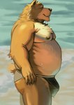 anthro arm_tuft beach belly big_belly big_butt body_hair bulge butt chest_hair clothed clothing elbow_tuft eyes_closed facial_tuft lhjal male manly mature_male moobs neck_tuft nipples overweight overweight_male side_view smile solo speedo speedo_only swimwear topless tuft water water_drop kinkyjar2 lhjal2 phamvansang3208 bear mammal 2024 absurd_res hi_res