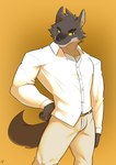 anthro belt black_eyebrows black_eyes black_nose bottomwear clothed clothing eyebrows fingers fully_clothed fur fur_tuft male male_anthro orange_background pants pecs pose simple_background solo teeth topwear tuft white_clothing white_topwear yellow_sclera shinobiya dreamworks the_bad_guys mr._wolf_(the_bad_guys) canid canine canis mammal wolf 2022 absurd_res hi_res