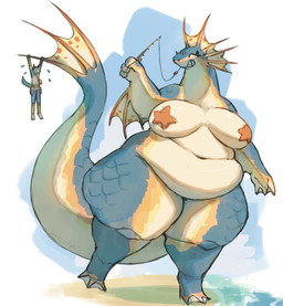 4_fingers ambiguous_gender anthro arm_fin belly big_breasts blue_body blue_scales bodily_fluids breasts duo eyelashes eyes_closed female fin fingers fishing_rod flying_sweatdrops head_fin larger_female long_tail navel nude overweight overweight_anthro overweight_female scales sharp_teeth size_difference smaller_ambiguous smile standing starfish_(accessory) starfish_bra sweat sweatdrop tail tail_fin teeth water hyploom capcom monster_hunter mythology aquatic aquatic_dragon asterozoan dragon echinoderm mythological_creature mythological_scalie piscine_wyvern plesioth scalie starfish 2026 absurd_res hi_res