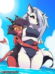 2024 3:4 anthro black_body black_fur black_hair breasts canid canid_demon canine clothing demon demon_humanoid duo embrace female fur grey_body grey_fur grey_hair hair hellhound helluva_boss hi_res horn hug hugging_from_behind humanoid imp looking_at_viewer loona_(helluva_boss) mammal millie_(helluva_boss) multicolored_body multicolored_fur mythological_canine mythological_creature mythology notched_ear one-piece_swimsuit outside red_body red_sclera smile smiling_at_viewer spade_tail swimwear tail two_tone_body two_tone_fur water wet white_body white_eyes white_fur yorusagi