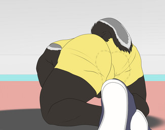 anthro ballbusting bulge butt clothing cock_and_ball_torture genital_torture male mat pain shirt solo topwear wrestling_singlet 9x9 badger honey_badger mammal mustelid musteline