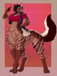 abs big_breasts breasts choker clothing fangs female fingerless_gloves gloves handwear jewelry leather leather_clothing leather_topwear leather_vest muscular muscular_female muscular_taur necklace solo stripes teeth topwear vest wmdiscovery93 jc_(blackblood-queen) hyena mammal taur hi_res