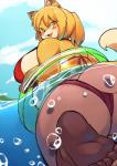 anthro big_breasts big_butt bikini black_nose blonde_hair blush breasts butt clothing female fur hair inflatable kemono open_mouth overweight overweight_anthro overweight_female partially_submerged sky solo swim_ring swimwear two-piece_swimsuit water yellow_body yellow_fur akitaka canid canine mammal hi_res