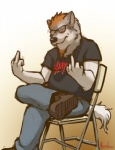 anthro biped boots clothed clothing eyewear footwear fur gesture glasses hair hand_gesture male middle_finger orange_hair shoes simple_background sitting solo tail white_background meesh slayer_(band) canid canine canis mammal wolf 2011 digital_media_(artwork)