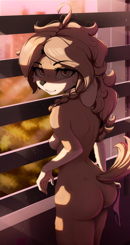 5_fingers anthro bedroom_eyes breasts bubble_butt butt clothing eyebrows eyelashes female fingers holding_object inside narrowed_eyes nipples nude seductive small_breasts tail alcorart conditional_dnp phoebe_(alcorart) canid canine canis domestic_dog mammal 2025 absurd_res digital_media_(artwork) hi_res