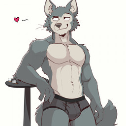 anthro arm_on_table arm_tuft athletic blush briefs briefs_only bulge claws clothed clothing colored_seam_underwear confident container countershade_face countershade_torso countershading cup drinking_glass elbow_tuft finger_claws fur furniture glass glass_container glass_cup grey_body grey_fur head_tuft heart_symbol inner_ear_fluff looking_aside male muscular muscular_anthro muscular_arms muscular_male navel pecs pointy_ears prick_ears shot_glass simple_background slim smile smiling_at_another smirking_at_another solo standing table tail topless tuft underwear underwear_only white_background white_body white_fur bezzeroo beastars legoshi_(beastars) canid canine canis mammal wolf 1:1 2025 hi_res portrait three-quarter_portrait