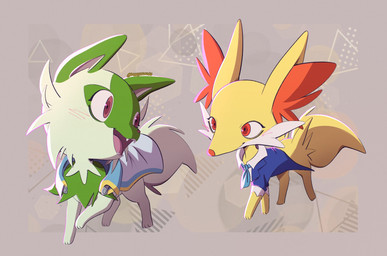 ambiguous_gender blush blush_lines cape clothed clothed_feral clothing duo feral fur green_body green_ears green_fur green_tail holowear_(pokemon) inner_ear_fluff open_mouth open_smile paws pink_eyes pink_nose red_eyes red_inner_ear_fluff red_nose smile suit_jacket tail tuft yellow_body yellow_ears yellow_fur yellow_tail bappywaruda nintendo pokemon pokemon_unite phantom_thief_style_meowscarada tuxedo_style_delphox fennekin generation_6_pokemon generation_9_pokemon pokemon_(species) sprigatito 2025 hi_res