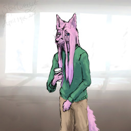 anthro clothing confusion container cup fur green_clothing green_shirt green_topwear hair heterochromia holding_container holding_cup holding_object hot_beverage long_hair male pink_body pink_fur pink_hair pink_tail shirt simple_background solo tail tan_clothing topwear wearing_pants starlithe star_chrono_(starlithe) canid canine fox mammal 1:1 colored guide_lines