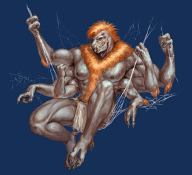 anthro biceps bottomwear clothing fur hairy loincloth male mohawk multi_eye multi_limb muscular muscular_male nipples pecs solo nhanduc terek arachnid arthropod spider alpha_channel hi_res