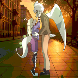 5_fingers ahoge anthro attempted_kiss big_tail blue_clothing blue_shirt blue_t-shirt blue_topwear boots bottomwear clothing duo eyes_closed female fingers footwear green_clothing green_eyes green_hair green_jacket green_topwear grey_body grey_hair grey_scales hair head_crest jacket khakis larger_male long_sleeves long_tail male male/female outside pale_body pale_scales puckered_lips purple_bottomwear purple_clothing purple_shorts scales shirt shoes short_hair short_tail shorts size_difference smaller_female smile sneakers snout spiked_tail spikes spikes_(anatomy) t-shirt tail topwear twintails_(hairstyle) wings sahara_congo_bongo cavemanon_studios snoot_game cynthia_(snoot_game) green_(snoot_game) dinosaur ornithischian prehistoric_species pterosaur reptile scalie stegosaurian stegosaurus thyreophoran 1:1 2025 digital_drawing_(artwork) digital_media_(artwork) hi_res