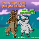 alcohol_bottle anthro backpack backpack_only brown_body brown_fur duo female fur green_eyes grey_body grey_fur male male/female nature nature_background orange_eyes simple_background tail text relyt2442 inktober the_nature_of_predators firon_(nopov) raila_(nopov) mammal venlil_(the_nature_of_predators) 1:1 2024 digital_media_(artwork) english_text hi_res