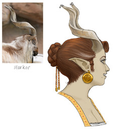2_horns accessory ambiguous_feral ambiguous_gender breasts brown_eyebrows brown_eyes brown_hair cleavage clothed clothing curved_horn duo ear_piercing ear_ring eyebrows eyelashes female female_humanoid feral furgonomics grey_horn hair hair_bun horizontal_pupils horn horn_accessory humanoid_pointy_ears light markings mole_(marking) not_furry_focus open_mouth open_smile photo_reference piercing pointy_ears pupils ring_piercing simple_background smile tan_body tan_skin white_background bingoblin animal_humanoid bovid bovid_humanoid caprine caprine_humanoid demon demon_humanoid goat goat_humanoid horned_humanoid humanoid mammal mammal_humanoid markhor markhor_humanoid 1:1 2026 colored digital_drawing_(artwork) digital_media_(artwork) english_description hi_res lighting reference_image shaded