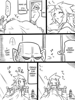 dialogue duo female humor male not_furry text jin_(mugenjin) elfxorc elf humanoid orc 3:4 comic english_text monochrome