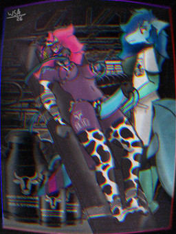animal_print animal_print_thigh_highs anthro barn bdsm boots bovid_horn bovine_horn clothing coat cow_horn cow_print cow_print_thigh_highs crt_effect duo ear_piercing ear_tag female footwear gynomorph hooves horn hypnosis hypnotic_visor intersex intersex/female lab_coat latex latex_boots latex_clothing latex_footwear legwear machine milk_tank milking_machine mind_control pattern_clothing pattern_legwear pattern_thigh_highs piercing shoes thigh_highs topwear wolfstarart nora_(wsa) sapphire_(wsa) aquatic avian fish shark 3:4 hi_res