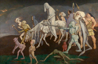 ambiguous_gender anthro axe beard bronze_age elderly_male facial_hair feral group horn male melee_weapon nude polearm spear warrior weapon john_duncan european_mythology irish_mythology mythology fomorian animal_humanoid aquatic canid canine canis deity domestic_dog dwarf equid equine fish horned_humanoid horse human humanoid mammal monster monstrous_humanoid primate 1912 20th_century ancient_art painting_(artwork) traditional_media_(artwork) traditional_painting_(artwork)