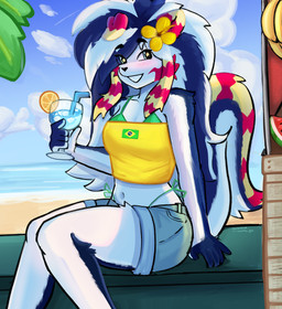 5_fingers accessory anthro beach bendy_straw beverage blue_body blue_eyes blue_fur blue_hair bottomwear brazilian_flag clothed clothing cloud day drinking_straw female fingers flower flower_in_hair fluffy fluffy_tail food fruit fur garnish hair hair_accessory long_hair looking_at_viewer melon midriff multicolored_body multicolored_fur navel palm_tree plant red_body red_fur sand shorts sitting smile solo tail tree water watermelon white_body white_fur white_hair yellow_body yellow_fur cheems_gin microwave_(artist) felid feline mammal 2026 absurd_res hi_res portrait three-quarter_portrait