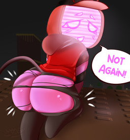 big_butt blush body_blush butt clothed clothing dialogue electronics female for_a_head hat headgear headwear hoodie looking_at_viewer looking_back looking_back_at_viewer machine night open_mouth pink_body rear_view screen screen_face solo speech_bubble tail television text thick_thighs topwear torn_clothing wide_hips dennhaze forsaken_(roblox) roblox veeronica humanoid object_head robloxian robot screen_head tv_head absurd_res digital_media_(artwork) english_text hi_res nonbinary_(lore)