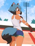 anthro athletic_wear bandage black_body black_fur black_hair black_nose blue_body blue_eyes blue_fur bottomwear brown_body brown_fur butt butt_pose clothed clothing cloud day dipstick_tail dolphin_shorts female fluffy fluffy_tail fur gym_bottomwear gym_shorts hair markings multicolored_eyes multicolored_hair outside pink_eyes pose shirt short_hair shorts solo stadium tail tail_markings tank_top topwear once11h brand_new_animal studio_trigger michiru_kagemori canid canine mammal raccoon_dog tanuki absurd_res hi_res portrait three-quarter_portrait