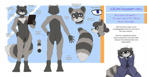 anthro black_hair breasts business_suit businesswear clothed clothing eyewear facial_markings female fluffy fluffy_tail frazzled_hair front_view frown fully_clothed genitals glasses hair hair_bun head_markings markings mask_(marking) nude rear_view small_breasts solo standing striped_markings striped_tail stripes suit tablet_computer tail tail_markings text vulva the-minuscule-task apple_inc. ipad logan_hall mammal procyonid raccoon english_text hi_res model_sheet