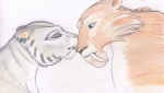 duo ear_piercing fangs female feral fur kissing licking male orange_body orange_fur piercing sabertooth_(anatomy) teeth tongue tongue_out white_body white_fur louise008 blue_sky_studios ice_age_(series) diego_(ice_age) shira_(ice_age) felid mammal pantherine prehistoric_species saber-toothed_tiger tiger hi_res