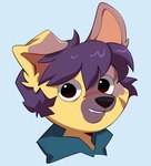 ambiguous_anthro ambiguous_gender anthro black_nose button_ears clothed clothing floppy_ears fur hair looking_at_viewer purple_hair solo yellow_body yellow_fur cherry_beries canid canine mammal 2024 digital_drawing_(artwork) digital_media_(artwork) headshot_portrait hi_res portrait