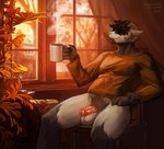 anthro autumn balls bottomless bottomless_male clothed clothing container cup day detailed_background genitals hair horn inside male partially_clothed penis sitting solo text three-quarter_view moynzarek bovid caprine mammal sheep 2024 absurd_res artist_name brown_theme dated digital_media_(artwork) digital_painting_(artwork) hi_res portrait russian_text shaded soft_shading three-quarter_portrait warm_colors