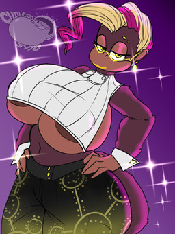 anthro areola big_breasts blonde_hair bottomwear breasts brown_areola brown_body brown_countershading brown_fur brown_nipples brown_skin clothed clothing countershading eyelashes eyewear female fur glasses hair hand_on_hip hands_on_hips highlights_(coloring) huge_breasts lips lipstick looking_at_viewer makeup narrowed_eyes navel nipples pants pink_hair shirt smile solo sparkles text topwear under_boob wide_hips yellow_eyes yellow_lips yellow_lipstick jyto donkey_kong_(series) donkey_kong_bananza forbidden_pants nintendo poppy_kong haplorhine mammal monkey primate 2025 3:4 artist_name hi_res watermark