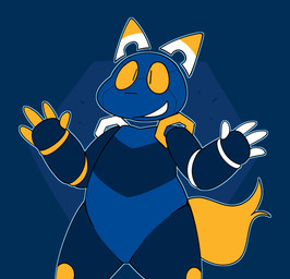 ambiguous_gender anthro bar_emanata blue_background blue_body dipstick_ears ear_markings emanata floating_head geometric_background looking_at_viewer machine mascot multicolored_ears simple_background smile solo spread_arms standing tail white_body yellow_body yellow_sclera yellow_tail birdvian e621 esix android domestic_cat felid feline felis mammal robot 2022 hi_res portrait three-quarter_portrait