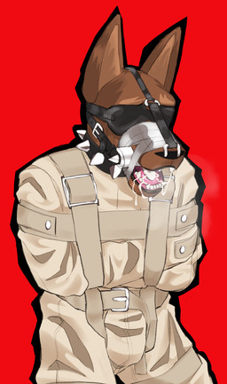 anthro bdsm bit_gag blindfold bodily_fluids brown_body bulge clothed clothing collar cum cum_drip cum_in_mouth cum_inside dripping fully_clothed gag gagged genital_fluids male male_anthro muzzle_(object) muzzled nose_hook open_mouth red_background restrained restraints simple_background solo straitjacket submissive submissive_anthro submissive_male tape tape_muzzle tongue rynnks canid canine canis domestic_dog mammal absurd_res hi_res