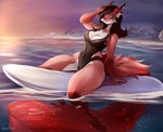 anthro breasts cleavage clothed clothing female fur hair long_hair one-piece_swimsuit outside red_body red_fur solo surfboard swimwear thick_thighs water bunnywhiskerz mammal digital_media_(artwork) shaded